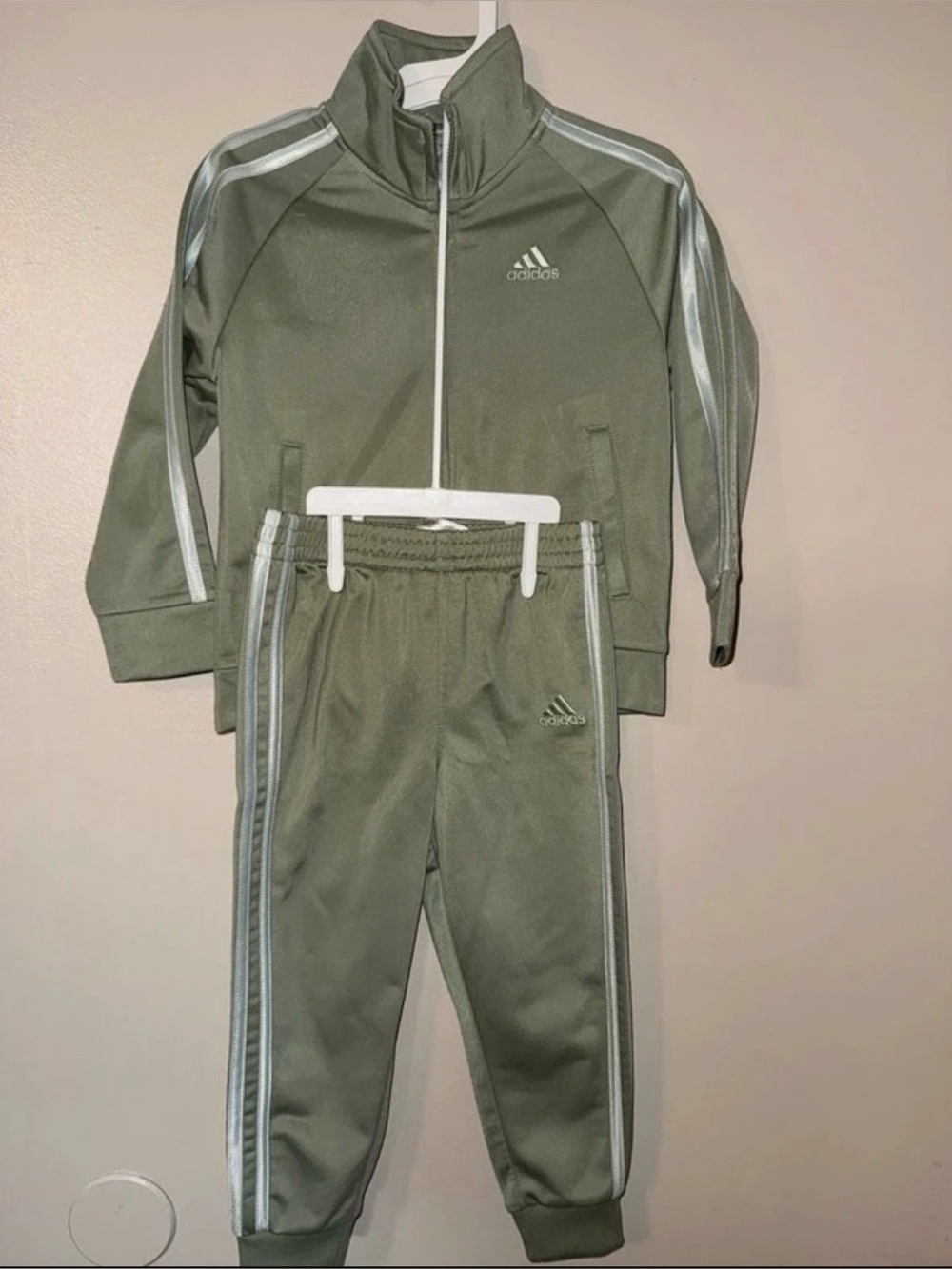 adidas Kids Olive Green Jogger Set with White Stripes